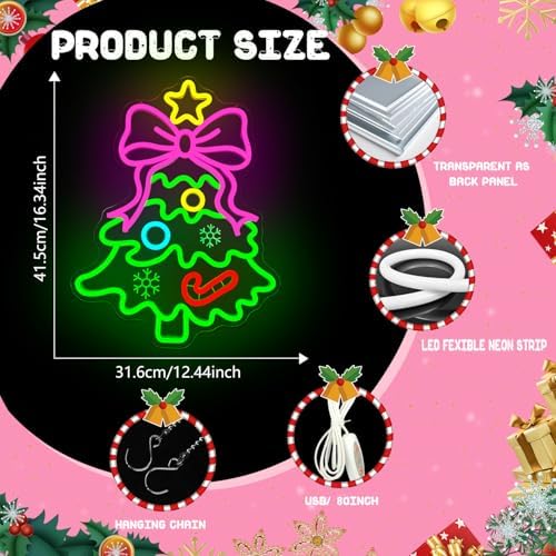 Christmas Neon Sign Pink Bow Christmas Tree Neon Sign for Wall Decor Xmas Tree Led Sign with Star Candy Neon Light Up Signs for Bedroom Window Holiday Door Xmas Party Home Decoration Winter Porch - Image 3