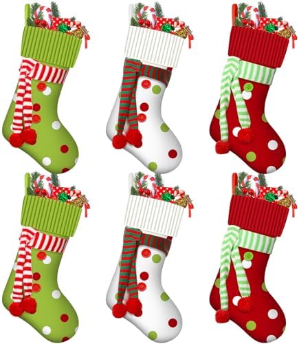 Newcotte 6 Pack 20 Inch Large Christmas Stocking Elf Xmas Hanging Stockings Red Green White Christmas Decorations for Holiday Fireplace Tree Decoration Gift Present by Newcotte