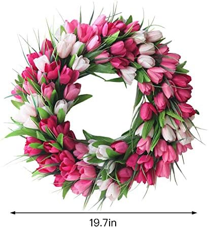IUIBMI 20 Inches Artificial Door Wreath Spring Tulip Wreath for Front Door, Mothers Day Artificial Flower Wreaths with Pink Tulips for Wall Window Party Wedding Decor - Image 5