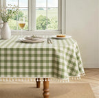 Green Checkered Oval Tablecloth, Cotton Linen Texture, 60"x102" - Image 2