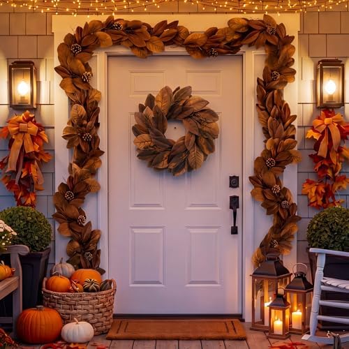 Yunlly Fall Magnolia Leaf Garland and Wreath Set, Brown Color, 2 Pcs - Image 4