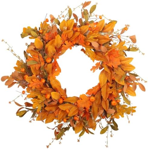 Fall Wreath for Front Door 24 inch Autumn Leaves Pumpkin Outdoor by YUGALI
