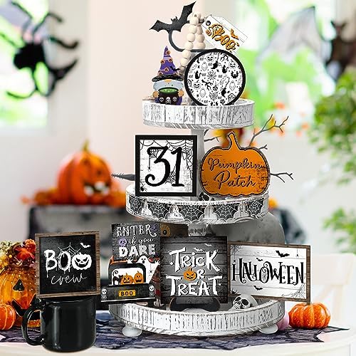 14 Pcs Halloween Tiered Tray Decor Set, Gnome Wood Table Signs (Terror) by Unknown