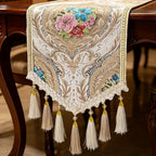 French Table Runner with Multi-Tassels 94" Long Vintage Floral Jacquard by HeMiaor