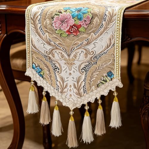 Luxury Vintage Thick Table Runner Champagne Chenille 3D Floral Jacquard 48" by HeMiaor