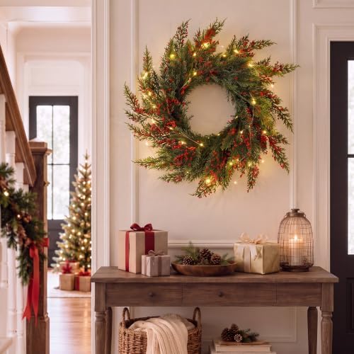 Dingion 18 Inch Christmas Wreath for Front Door with Red Artificial Berry - Image 5