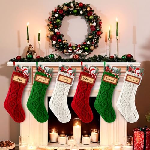 JellyArch 6 Pcs Personalized Christmas Stockings Xmas Stocking with Leather Patches Custom Name Cable Knitted Hanging Family Stockings for Christmas Holiday Fireplace Party Decoration (18 Inches) - Image 2