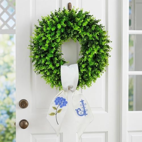 Boxwood Wreath for Front Door Spring Summer Wreaths Farmhouse Door Hanger,Last Name Year Round Porch Decor,20 inch Multi Occasion use Wreath with Personalized Monagram sash Embroidered -(J) by Vofuly