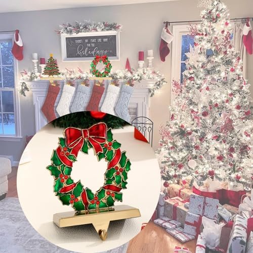 Christmas Stocking Holders for Mantel Set of 2 Anqitue Gold Christmas Tree Stocking Holders Wreath Stocking Holder Metal Stocking Hook Sturdy Stockings Hanger for Fireplace Decoration (Tree) - Image 4