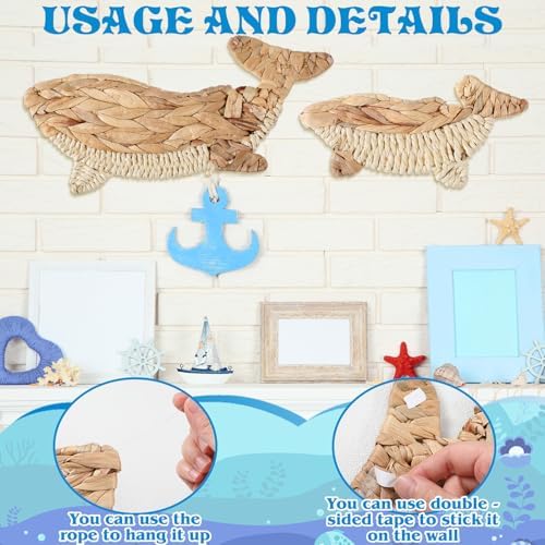 Threehoney 2 Pcs Whale Beach Wall Decor 2 Size Handmade Wicker Whale Nautical Theme Decor Hanging Ocean Coastal Wall Art Sculpture for Boho House Bathroom Bedroom Indoor Outdoor Ornament - Image 6