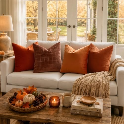 MIULEE Fall Burnt Orange Plaid Euro Throw Pillow Covers 24x24 Set of 2 - Image 2