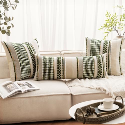 ANRODUO Boho Decorative Pillow Covers Olive Green Stripe 22x22 Pack of 2 - Image 2