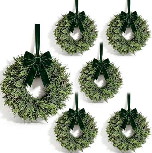 6 Pcs Small Christmas Hanging Wreaths with Artificial Cedar Pine Greenery Dark Green Velvet Ribbon Mini Cabinet Wreath for Porch Front Door Window Wall Farmhouse Rustic Christmas Winter Holiday Decor by Unknown
