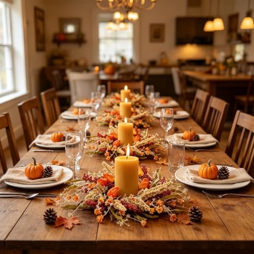 12 Pcs Mini Fall Wreaths for Kitchen Cabinets Thanksgiving Artificial Wreaths Autumn Hanging Wreath Harvest Candle Rings Farmhouse with Ribbon for Front Door Porch Wall Window Decoration - Image 5