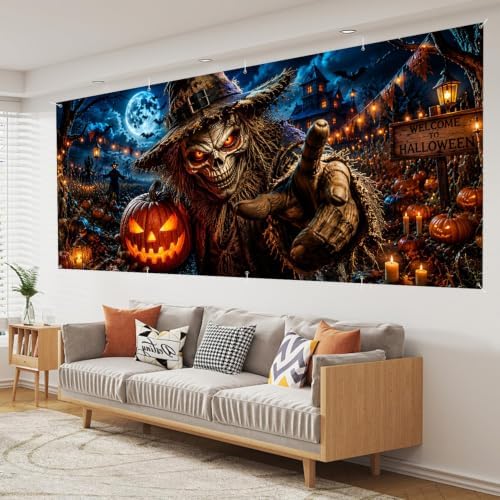 Halloween Garage Door Banner 7x16 FT - Scary Scarecrow Pumpkin Patch Backdrop Cover, Evil Skull Monster Reaching Hand Hanging Decor for Double Car Garage Door Outdoor Yard Haunted House Party - Image 7