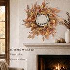 24" Artificial Fall Wreath for Front Door, Autumn Harvest Wreath with Eucalyptus Leaves, Sorghum, Farmhouse Thanksgiving Decor for Indoor Outdoor Porch, Window&Entryway (Autumn Yellow) - Image 7