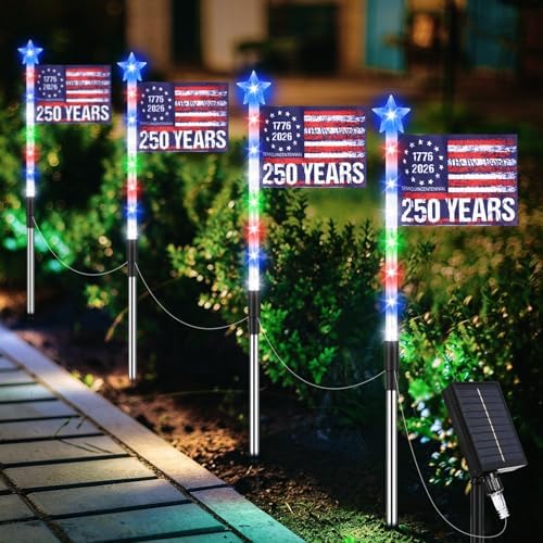 8 Pack Solar American Flag Pathway Lights, Patriotic Red White Blue Outdoor Stake Waterproof LED Lights with 8 Modes, Decorations 4th of July Memorial Day, Independence Day Garden Yard Lawn Decor - Image 2