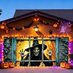 7x16FT Halloween Window Witch Garage Door Banner Skeleton Witch Happy Hallowen Garage Door Cover Decoration for Hallowen Decoration - Image 5