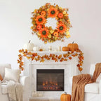 24 Inch Fall Wreath for Front Door, Autumn Harvest Wreaths with Yellow Leaves, Sunflower, Orange Pumpkin, Artificial Wreath for Indoor Outdoor Porch Thanksgiving Home Farmhouse Decorations - Image 3