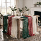 Artoid Mode 3PC Beige Red Green Gauze Table Runner 120 Inch 10FT, Glitter Metallic Foil Sheer for Wedding Anniversary Holiday Birthday Home Party Decor - Image 6