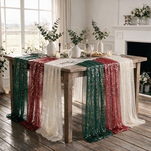 Artoid Mode 3PC Beige Red Green Gauze Table Runner 120 Inch 10FT, Glitter Metallic Foil Sheer for Wedding Anniversary Holiday Birthday Home Party Decor - Image 6