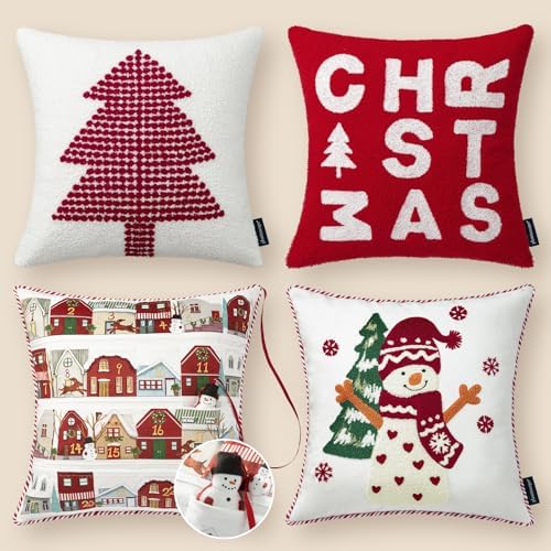 Phantoscope Pack of 4 Merry Christmas Throw Pillow Covers Velvet Countdown Calendar Pillow Covers with 3D Snowman Sherpa Embroidery Snowman Santa Tree Christmas Decorative Pillowcases, Red, 18x18 inch by Phantoscope