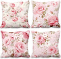 Pink Throw Pillow Covers Rose Floral Peony Flower Green Leaves Blooming Set of 4 Vintage Rustic Cushion Covers 24x24 Watercolor Square Pillowcases for Couch Sofa Bedroom Patio Farmhouse by VieSavaran