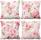 Pink Throw Pillow Covers Rose Floral Peony Flower Green Leaves Blooming Set of 4 Vintage Rustic Cushion Covers 24x24 Watercolor Square Pillowcases for Couch Sofa Bedroom Patio Farmhouse by VieSavaran