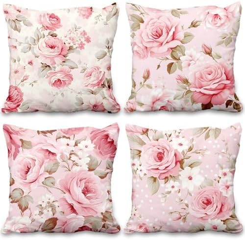 Pink Throw Pillow Covers Rose Floral Peony Flower Green Leaves Blooming Set of 4 Vintage Rustic Cushion Covers 24x24 Watercolor Square Pillowcases for Couch Sofa Bedroom Patio Farmhouse by VieSavaran