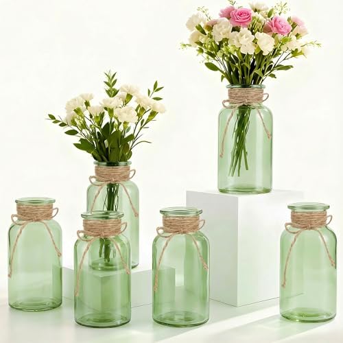 6 Pack Mason Jar Vases for Centerpieces, Green Glass Flower Vase by LEYIQU