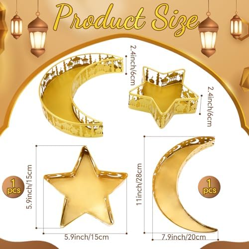 meekoo 5 Pcs Ramadan Serving Trays Eid Mubarak Round Crescent Moon Star Shaped Metal Food Trays Iron Platters for Serving Food Home Islamic Muslim Party Decoration Table (Gold,Castle Hollow Style) - Image 3