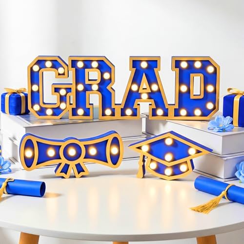 Novabright 3 Pcs Blue Graduation Light up Signs 2026, Wooden with LED by Unknown