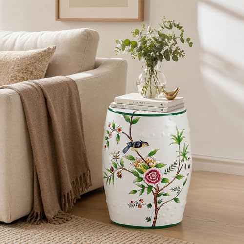 Lefedrasticity Ceramic Garden Stool Outdoor Decorative Garden Stools Hand-Painted Chinoiserie Decor Drum Stool for Garden Patio Backyard Balcony Living Room Bathroom (White, Pattern 6) - Image 2