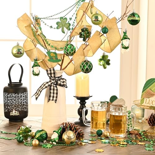 Valery Madelyn St Patricks Day Decorations Shamrock Tree Ornament,40pcs Hanging Ball Ornament Gnome Decor for Irish Festival, Good Luck Clover Emerald Green Gold Christmas Ball for Party Home Spring - Image 2
