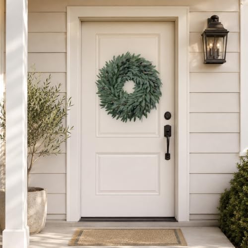 22 Inch Olive Wreath for Front Door, Spring Summer Wreaths for Front Door with Faux Grapevine Base, Artificial Greenery Wreath for Year Round Farmhouse Porch Wall Window Decor - Image 4