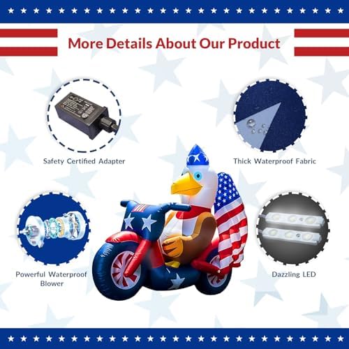 USA 250th Anniversary Patriotic Inflatable 5FT Eagle on Motorcycle for 4th of July, LED Blow Up Yard Decoration Outdoor Decor for 2026 Semicentennial Independence Day - Image 3