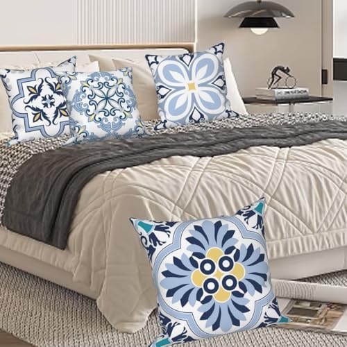 Blue Flowers Geometry Throw Pillow Covers 24"x24" Set of 4, Bohemian Abstract Floral Throw Pillow Cases Moroccan Sofa Cushion Covers for Couch Chair Patio Home Indoor Outdoor Decorative - Image 4