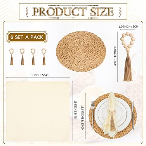 Gejoy 18 Pcs Boho Woven Placemat Wood Bead Napkin Ring with Dinner Napkin - Image 2
