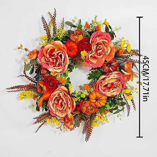 GLLBTPT Fall Wreath Full Handcrafted Autumn Front Door Wreath with Pumpkins Peony Flower Berries for Halloween Thanksgiving Harvest Decoration (Peony Flower) - Image 2