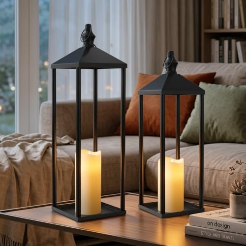 2-Pack Black Metal Candle Lanterns – 22" & 19" Tall Decorative Lanterns by YSEJOMP