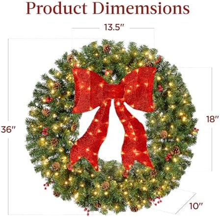 Best Choice Products 36in Pre-Lit Christmas Wreath w/Berries & Pinecones, Large Artificial Indoor/Outdoor Decor for Door, Mantel w/Red Bow, Plug-in - Image 7