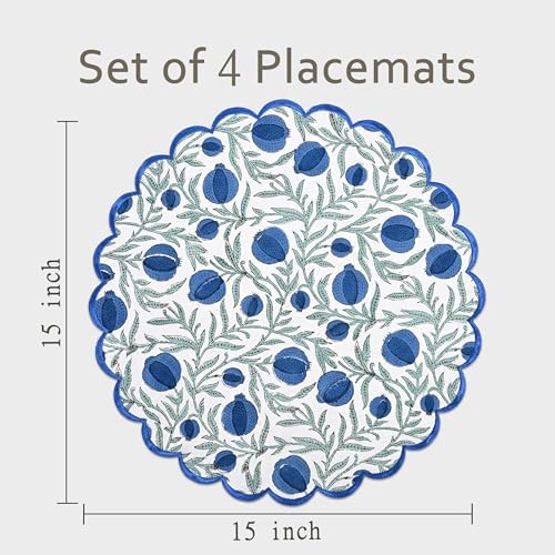 Ridhi Floral Block Print Round Placemats 15" in, Set of 4, Queen Blue - Image 4