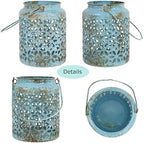 Vintage Metal Candle Lanterns with Handle Rustic Distressed Blue Decorative Candle Holder with Floral Cut-Out Design for Home, Garden, Patio, Porch, Parties, Weddings Decor - Image 3