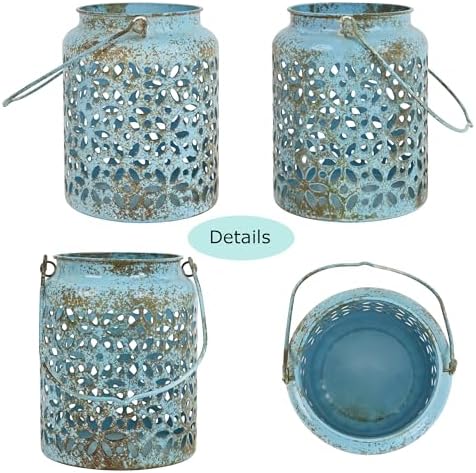 Vintage Metal Candle Lanterns with Handle Rustic Distressed Blue Decorative Candle Holder with Floral Cut-Out Design for Home, Garden, Patio, Porch, Parties, Weddings Decor - Image 3