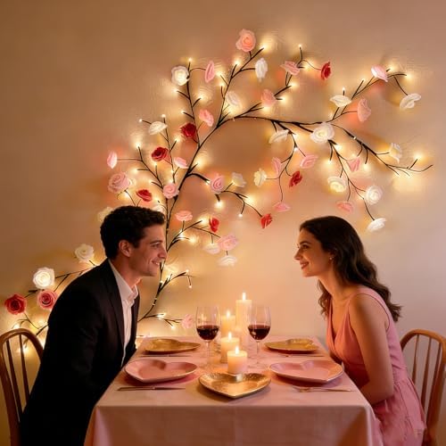 Rose LED Tree Branch Lights for Wall,Rose Blossom Vine Lights with 96 LED Flower String Lights and USB Powered, 8 Lighting Modes for Indoor Bedroom Window Wedding Valentine's Day Decor (75in) - Image 5