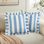 vctops Ruffle Square Throw Pillow Covers Boho Pink and Red Striped Decorative Pillowcases Set of 2, Soft Velvet Accent Cushion Cover Cases for Sofa Bed Living Room Decor (Blue White,18"x18") - Image 2