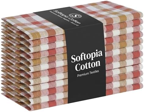 Gingham Check Cloth Napkins 12 Pack, 18x18 Inches, 100% Cotton, Washable Table Napkins for Formal and Casual Dining, Reusable Fabric Linens for Weddings, Parties, Holiday - Rust, Tan by SoftopiaCotton