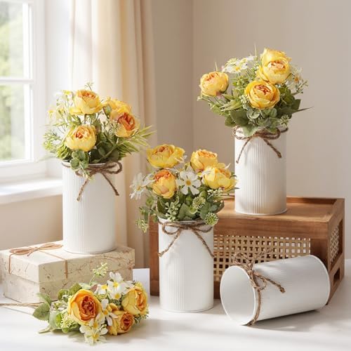 Domensi 6 Sets Wedding Centerpiece for Table Decoration Yellow Artificial Fake Rose Flower with Metal Vase Faux Silk Rose Bouquet Floral Arrangement for Bridal Shower Home Dining - Image 2