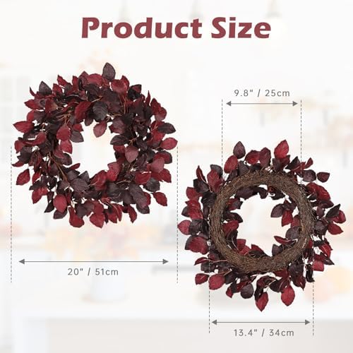 Artificial Fall Leaf Wreath for Front Door – 20" Autumn Wreath with Lifelike Fagus Sylvatica Foliages – Burgundy Red – Rustic Thanksgiving & Halloween Decoration for Indoor & Outdoor - Image 2