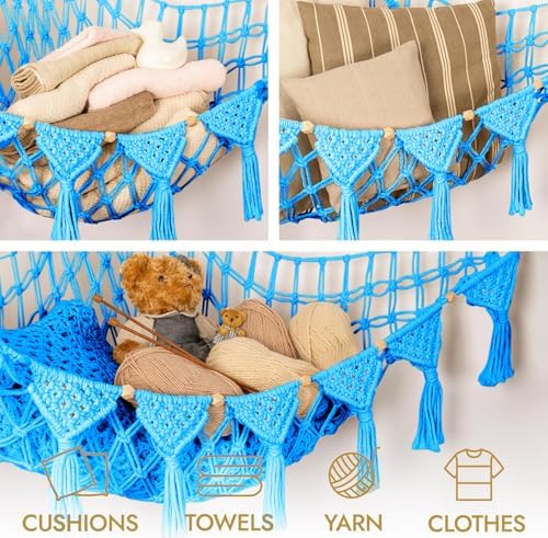 TIDYTEDS Macrame DreamLights Boho Stuffed Animal Storage Net Hammock Extra Large Plush Toy Storage Holder For Small Or Large Plushies BLUE - Image 6